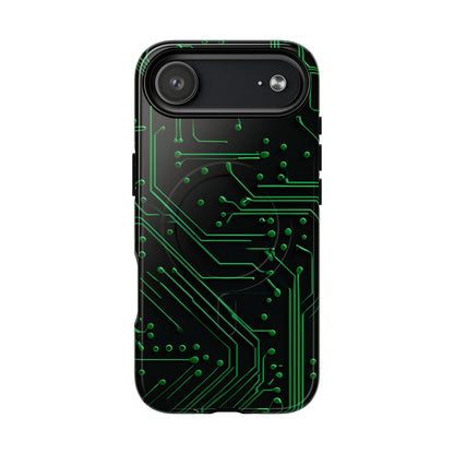 Green Circuit Grid iPhone 17 Air MagSafe case featuring a glowing green circuit board pattern on a black tech-inspired background.