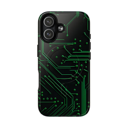 Green Circuit Grid iPhone 17 MagSafe case featuring a glowing green circuit board pattern on a black tech-inspired background.