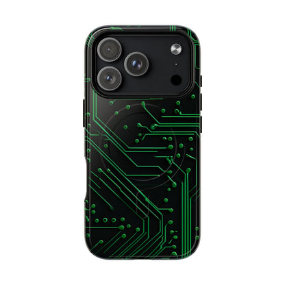 Green Circuit Grid iPhone 17 Pro MagSafe case featuring a glowing green circuit board pattern on a black tech-inspired background.