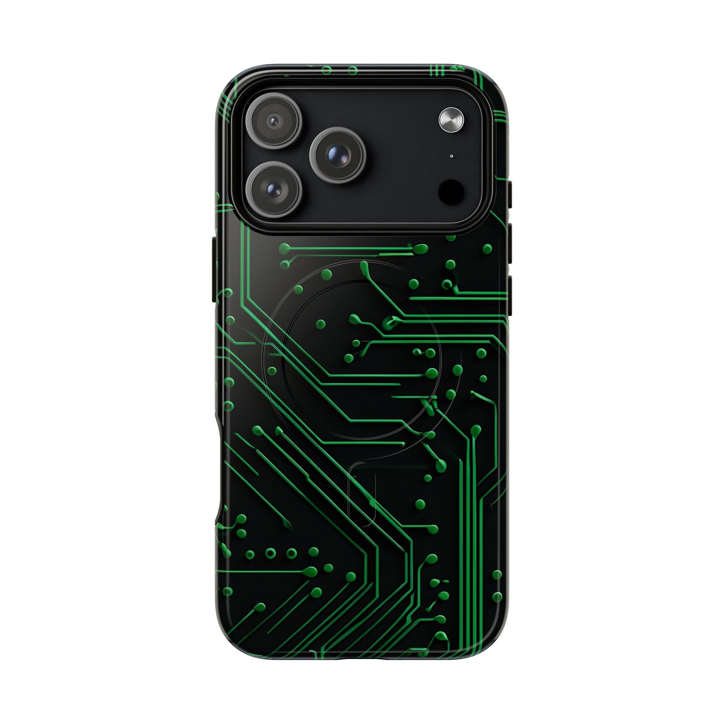 Green Circuit Grid iPhone 17 Pro Max MagSafe case featuring a glowing green circuit board pattern on a black tech-inspired background.