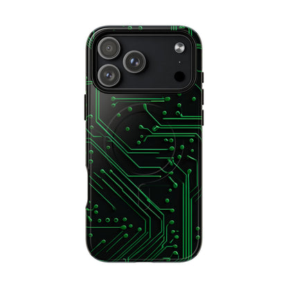 Green Circuit Grid iPhone 17 Pro Max MagSafe case featuring a glowing green circuit board pattern on a black tech-inspired background.