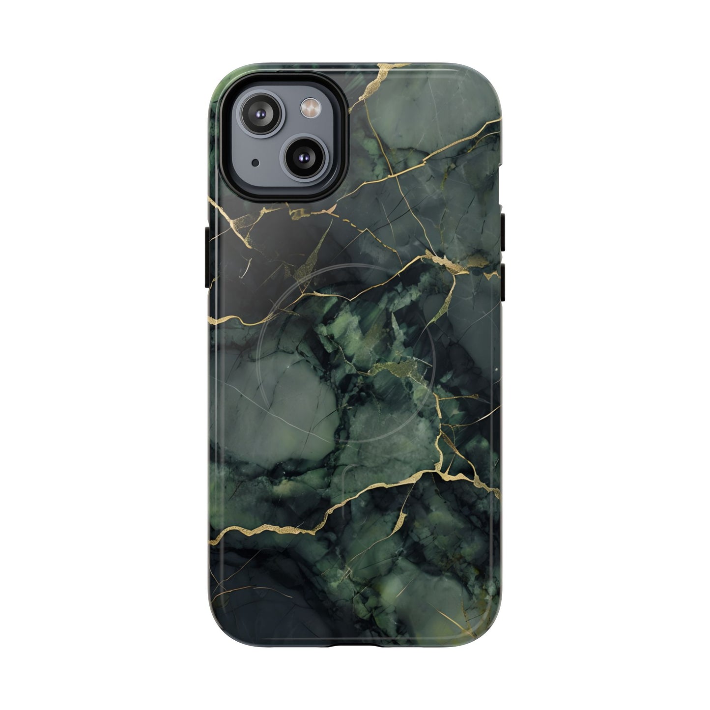 Verdant Vein green marble iPhone 14 Plus MagSafe case featuring deep emerald marble textures with gold vein accents in a modern stone aesthetic.