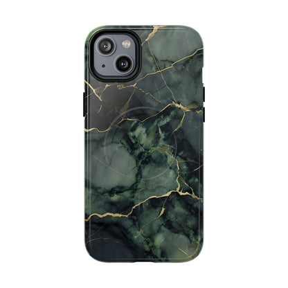 Verdant Vein green marble iPhone 14 Plus MagSafe case featuring deep emerald marble textures with gold vein accents in a modern stone aesthetic.