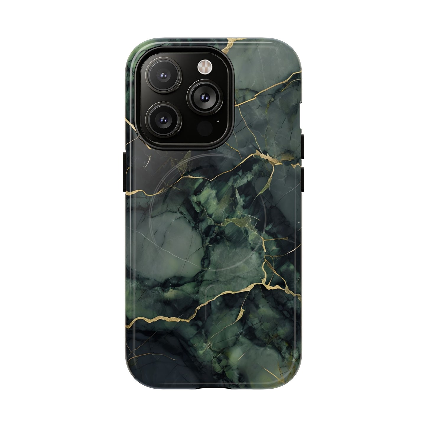 Verdant Vein green marble iPhone 14 Pro MagSafe case featuring deep emerald marble textures with gold vein accents in a modern stone aesthetic. 