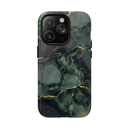 Verdant Vein green marble iPhone 14 Pro MagSafe case featuring deep emerald marble textures with gold vein accents in a modern stone aesthetic. 