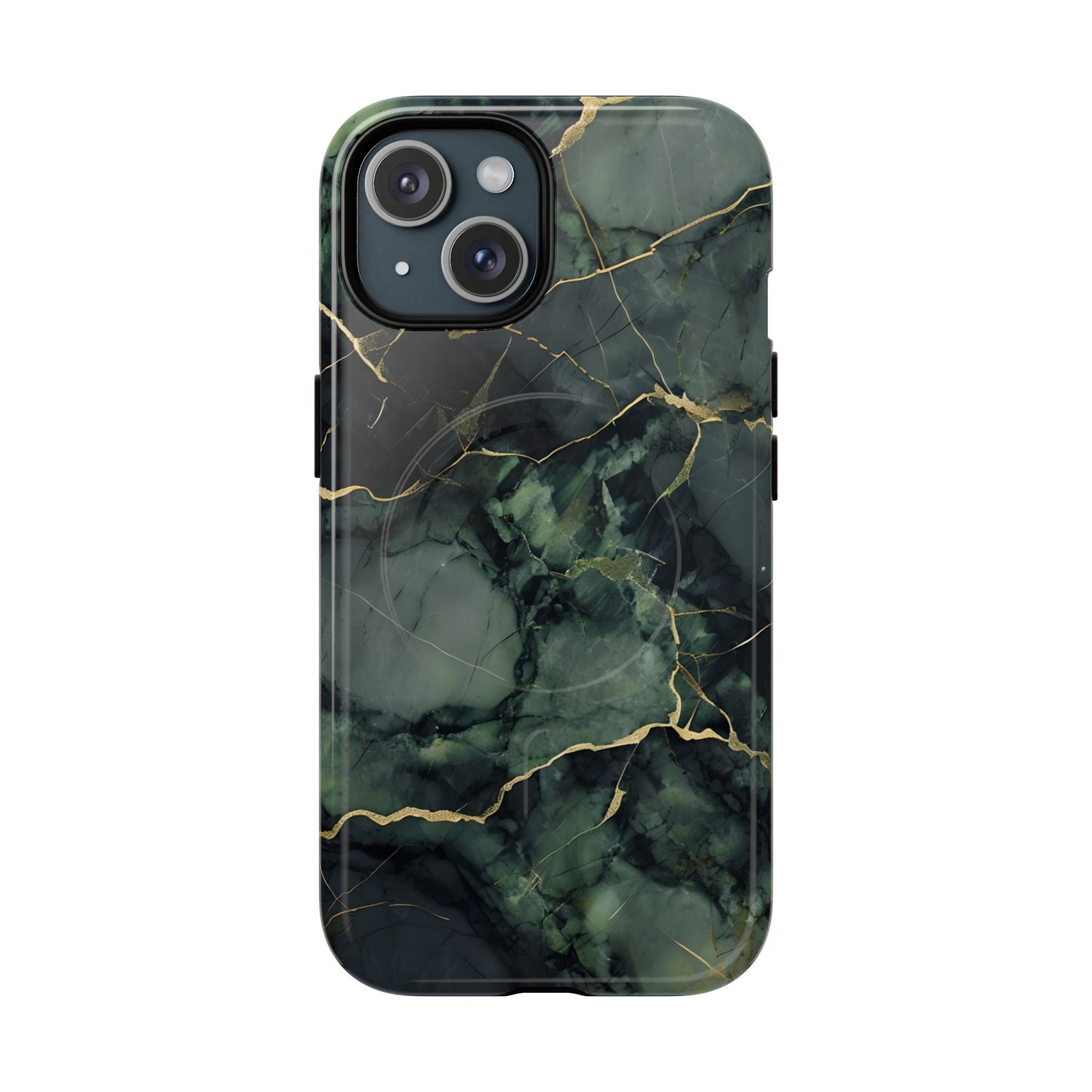 Verdant Vein green marble iPhone 15 MagSafe case featuring deep emerald marble textures with gold vein accents in a modern stone aesthetic.