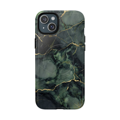 Verdant Vein green marble iPhone 15 Plus MagSafe case featuring deep emerald marble textures with gold vein accents in a modern stone aesthetic.