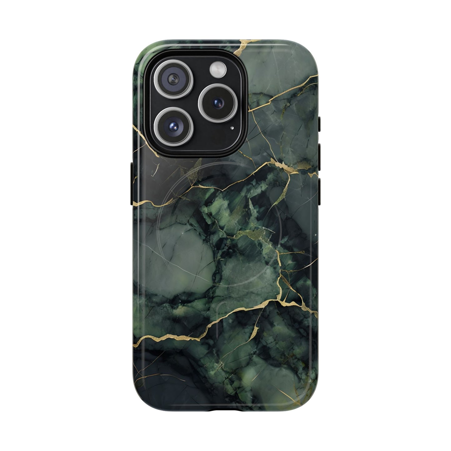 Verdant Vein green marble iPhone 15 Pro MagSafe case featuring deep emerald marble textures with gold vein accents in a modern stone aesthetic.