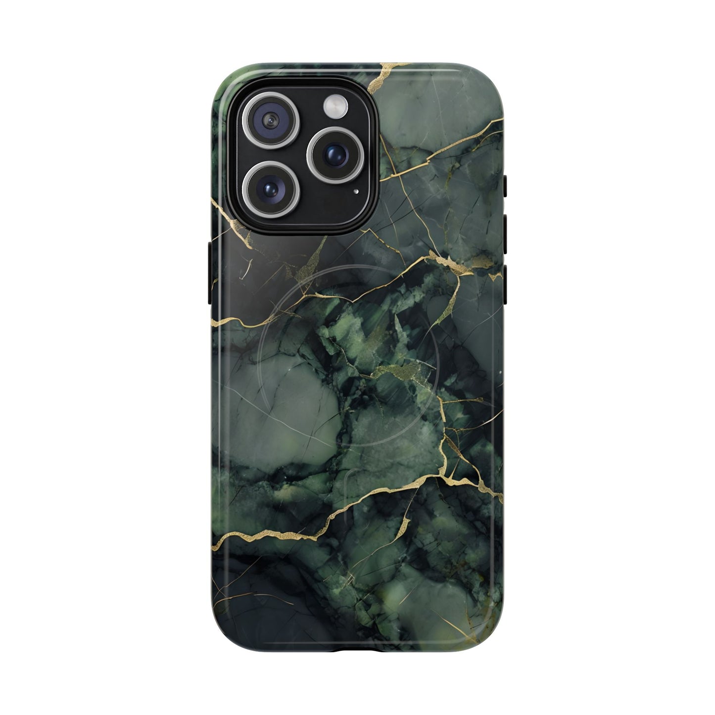 Verdant Vein green marble iPhone 15 Pro Max MagSafe case featuring deep emerald marble textures with gold vein accents in a modern stone aesthetic.