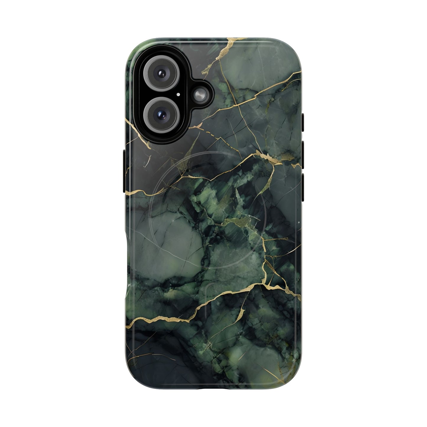 Verdant Vein green marble iPhone 16 MagSafe case featuring deep emerald marble textures with gold vein accents in a modern stone aesthetic.