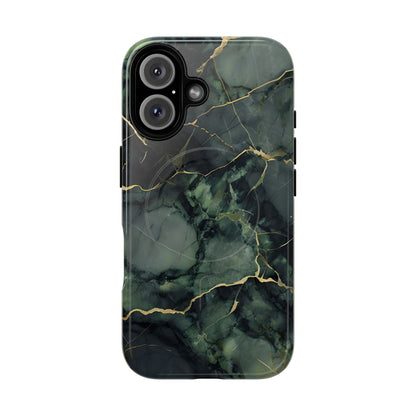 Verdant Vein green marble iPhone 16 MagSafe case featuring deep emerald marble textures with gold vein accents in a modern stone aesthetic.