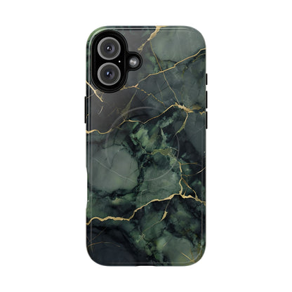 Verdant Vein green marble iPhone 16 Plus MagSafe case featuring deep emerald marble textures with gold vein accents in a modern stone aesthetic.