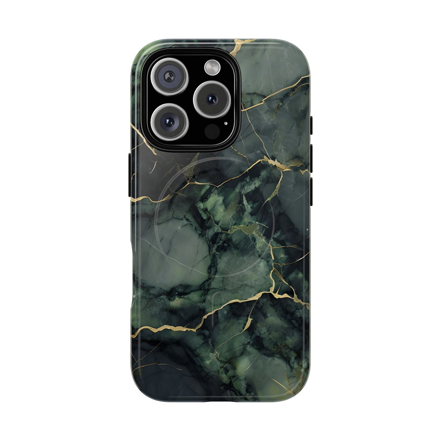 Verdant Vein green marble iPhone 16 Pro MagSafe case featuring deep emerald marble textures with gold vein accents in a modern stone aesthetic.