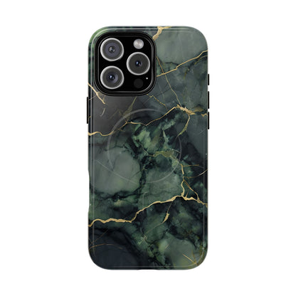 Verdant Vein green marble iPhone 16 Pro Max MagSafe case featuring deep emerald marble textures with gold vein accents in a modern stone aesthetic.