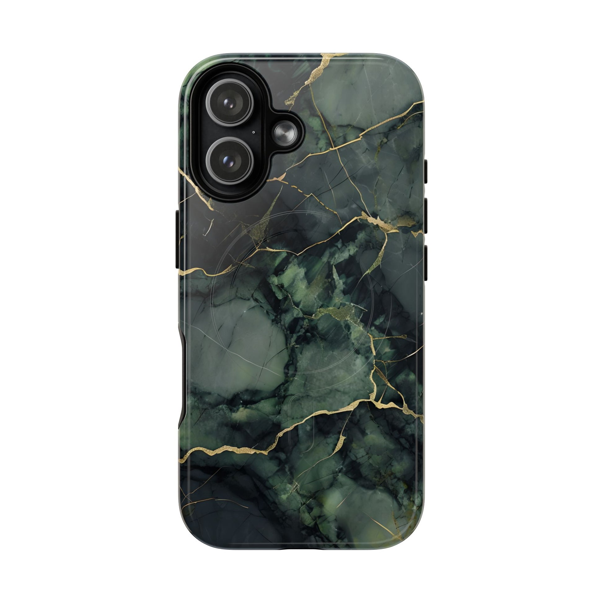 Verdant Vein green marble iPhone 17 MagSafe case featuring deep emerald marble textures with gold vein accents in a modern stone aesthetic.