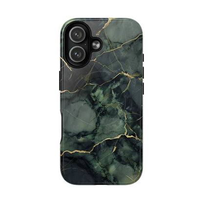 Verdant Vein green marble iPhone 17 MagSafe case featuring deep emerald marble textures with gold vein accents in a modern stone aesthetic.