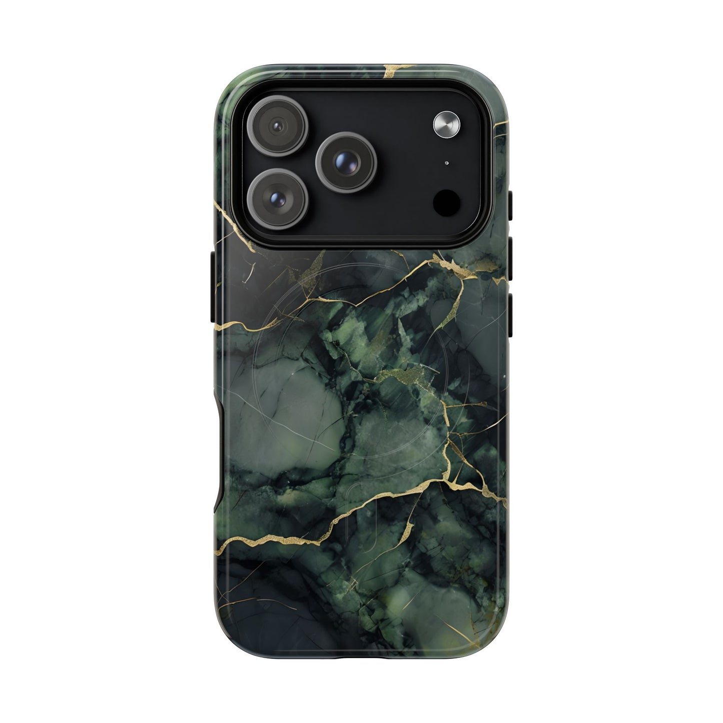 Verdant Vein green marble iPhone 17 Pro MagSafe case featuring deep emerald marble textures with gold vein accents in a modern stone aesthetic.