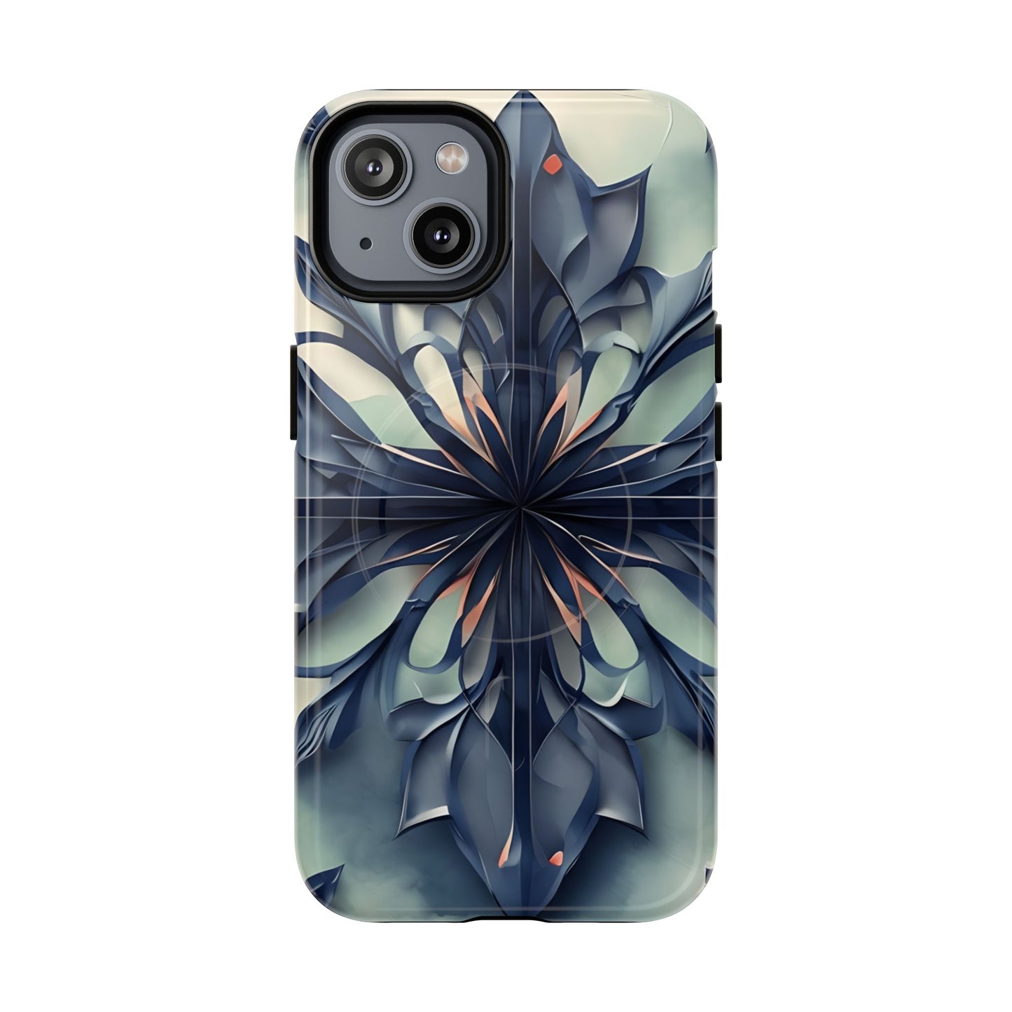 Frosted Indigo Bloom iPhone 14 MagSafe case featuring a symmetrical abstract floral design in deep indigo and soft blue tones.