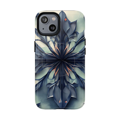 Frosted Indigo Bloom iPhone 14 MagSafe case featuring a symmetrical abstract floral design in deep indigo and soft blue tones.