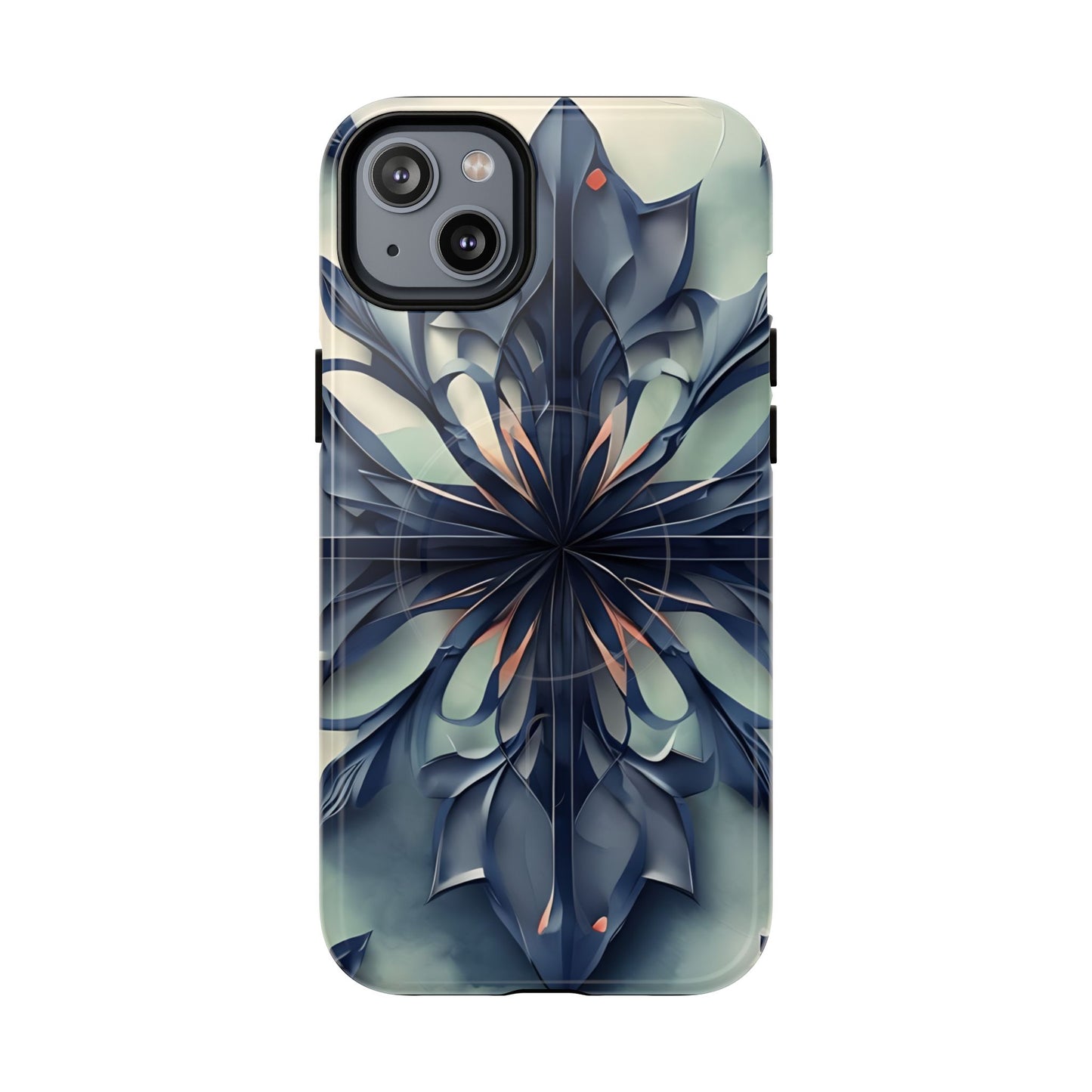 Frosted Indigo Bloom iPhone 14 Plus MagSafe case featuring a symmetrical abstract floral design in deep indigo and soft blue tones.