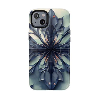 Frosted Indigo Bloom iPhone 14 Plus MagSafe case featuring a symmetrical abstract floral design in deep indigo and soft blue tones.