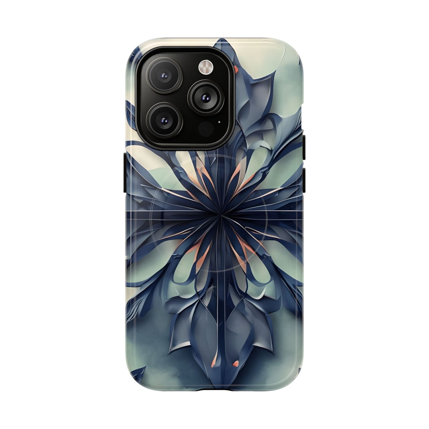 Frosted Indigo Bloom iPhone 14 Pro MagSafe case featuring a symmetrical abstract floral design in deep indigo and soft blue tones.