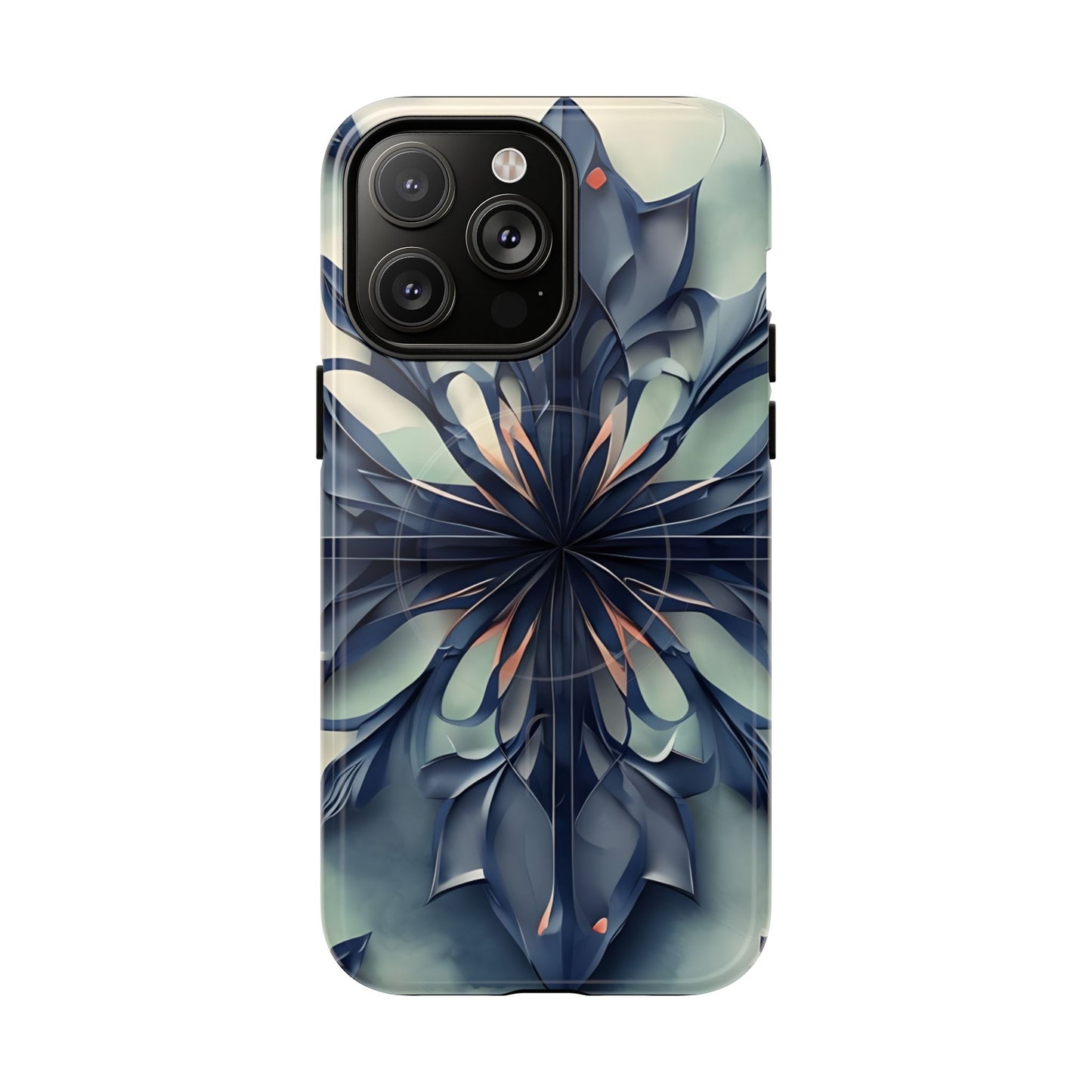 Frosted Indigo Bloom iPhone 14 Pro Max MagSafe case featuring a symmetrical abstract floral design in deep indigo and soft blue tones.