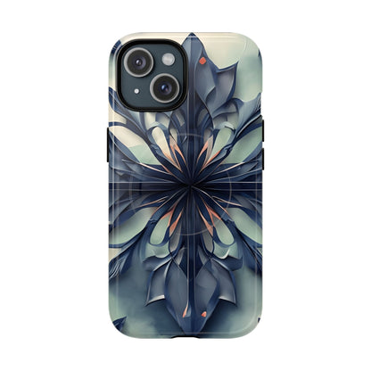 Frosted Indigo Bloom iPhone 15 MagSafe case featuring a symmetrical abstract floral design in deep indigo and soft blue tones.
