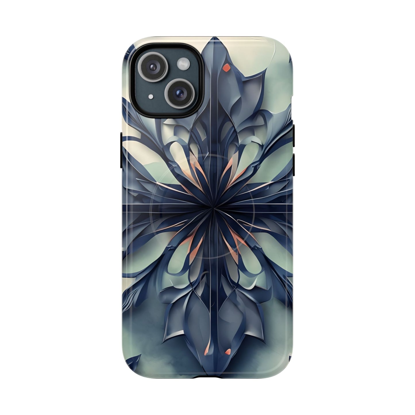 Frosted Indigo Bloom iPhone 15 Plus MagSafe case featuring a symmetrical abstract floral design in deep indigo and soft blue tones.