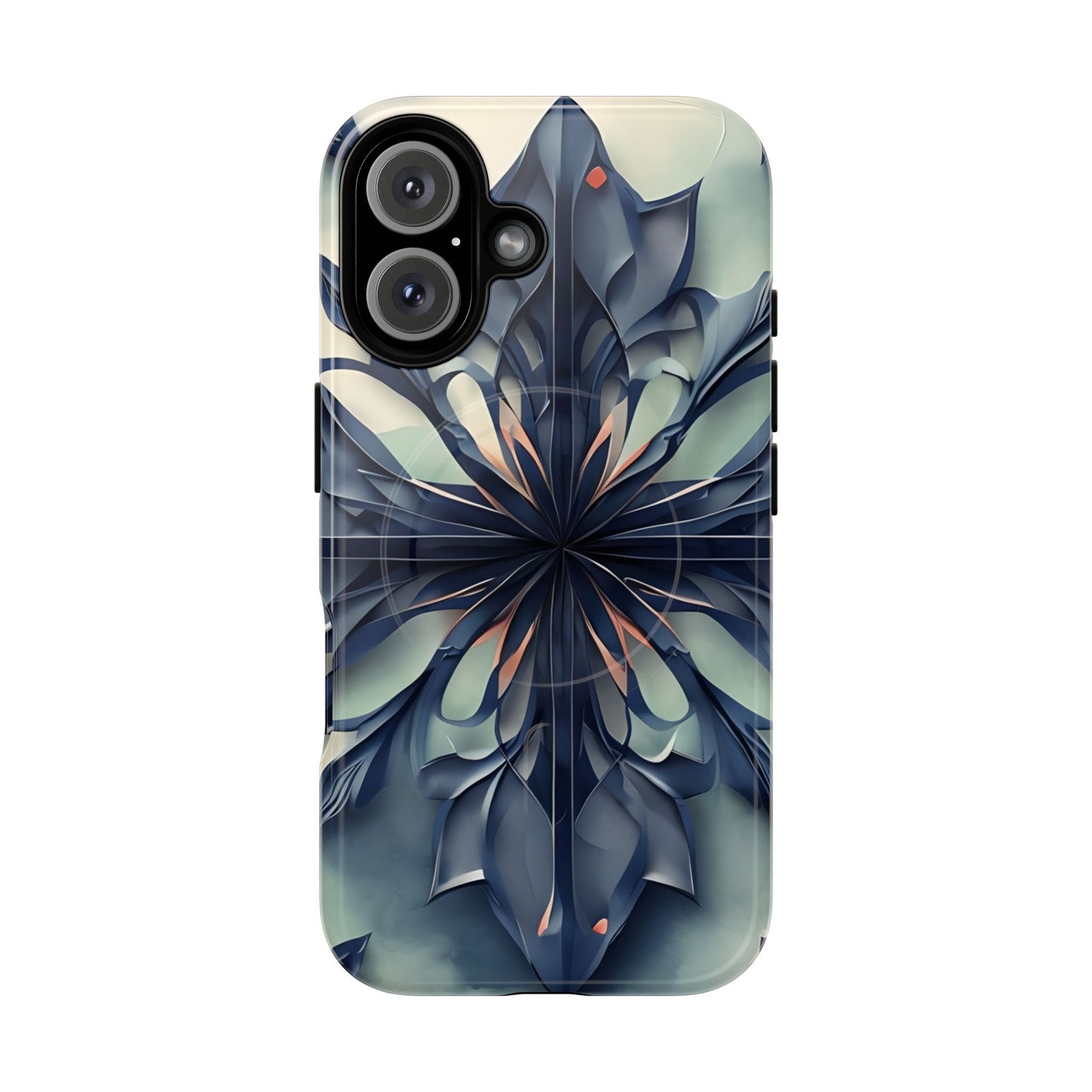 Frosted Indigo Bloom iPhone 16 MagSafe case featuring a symmetrical abstract floral design in deep indigo and soft blue tones.