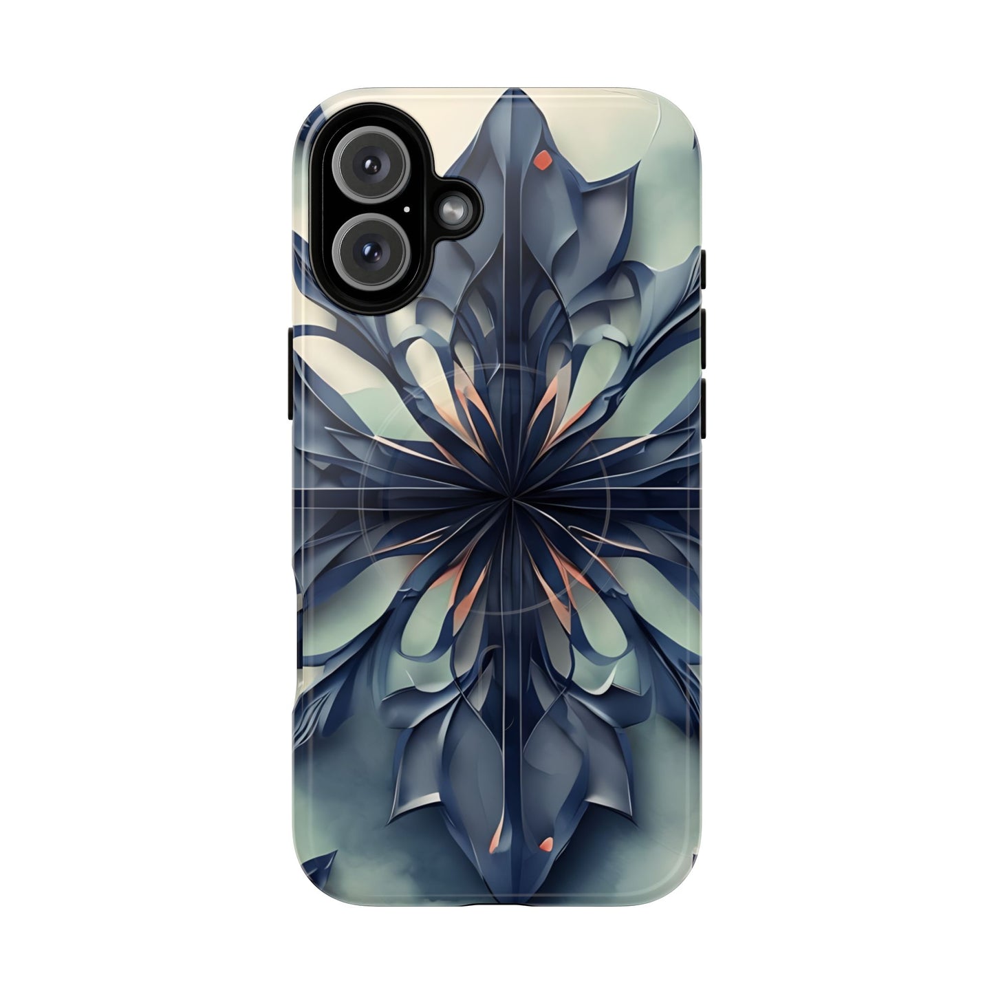 Frosted Indigo Bloom iPhone 16 Plus MagSafe case featuring a symmetrical abstract floral design in deep indigo and soft blue tones.