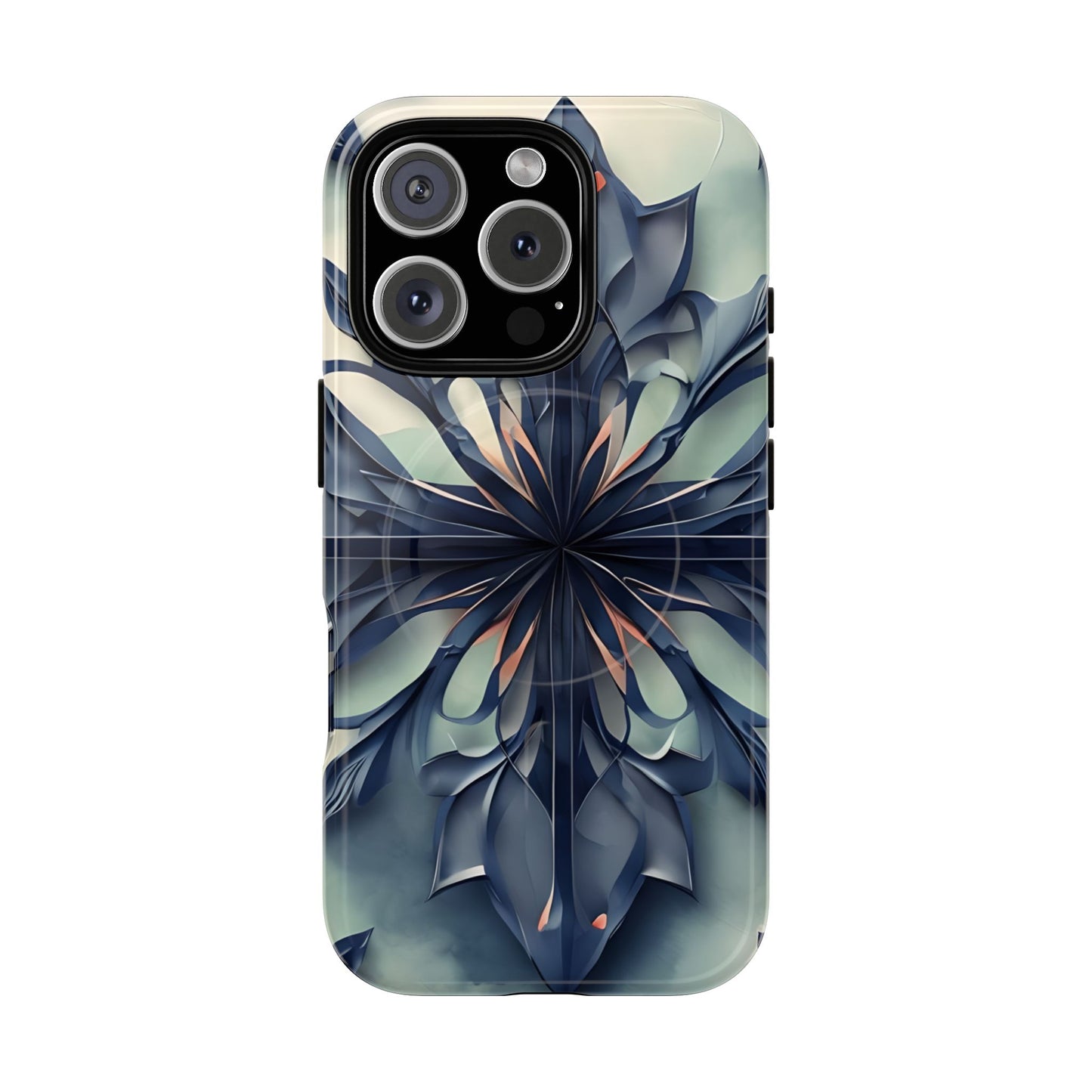 Frosted Indigo Bloom iPhone 16 Pro MagSafe case featuring a symmetrical abstract floral design in deep indigo and soft blue tones.