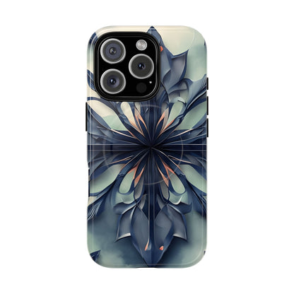 Frosted Indigo Bloom iPhone 16 Pro MagSafe case featuring a symmetrical abstract floral design in deep indigo and soft blue tones.
