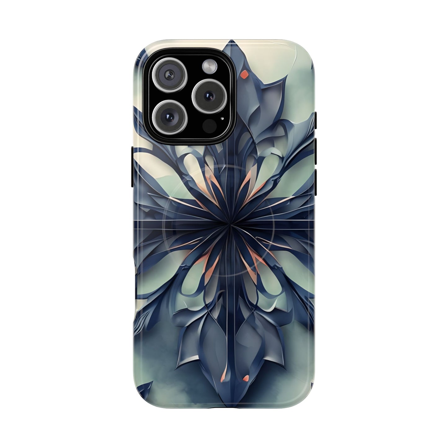 Frosted Indigo Bloom iPhone 16 Pro Max MagSafe case featuring a symmetrical abstract floral design in deep indigo and soft blue tones.