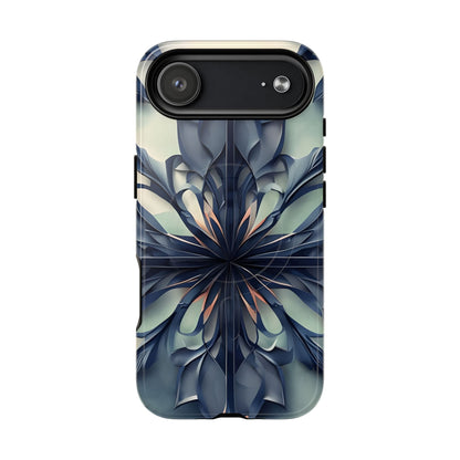 Frosted Indigo Bloom iPhone 17 Air MagSafe case featuring a symmetrical abstract floral design in deep indigo and soft blue tones.