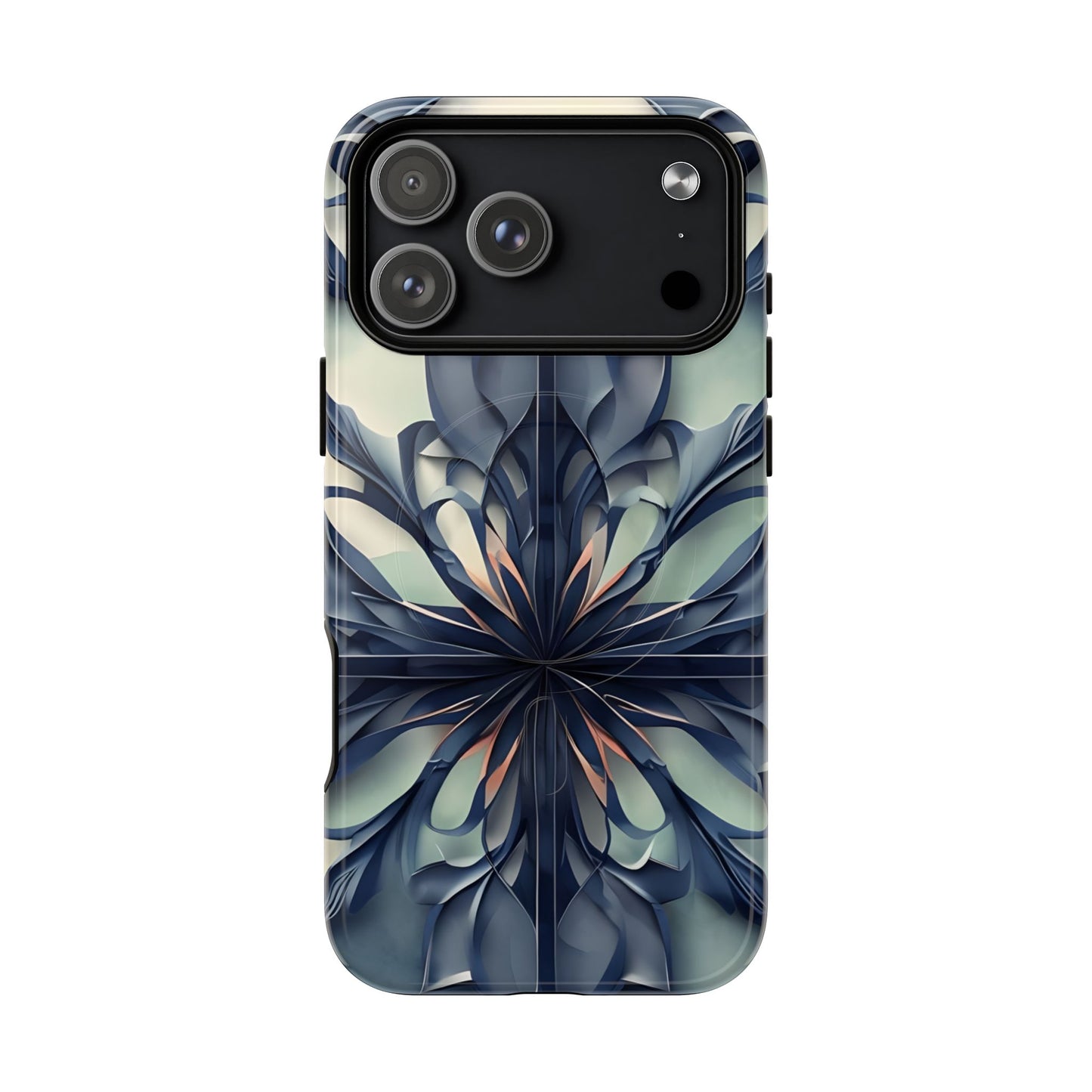 Frosted Indigo Bloom iPhone 17 Pro Max MagSafe case featuring a symmetrical abstract floral design in deep indigo and soft blue tones.
