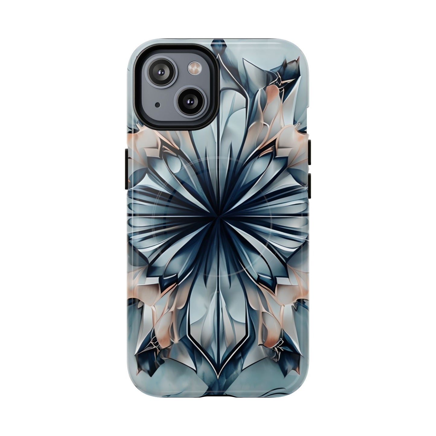 Indigo Mirage iPhone 14 MagSafe case featuring a symmetrical abstract pattern in deep indigo blue with soft neutral accents.
