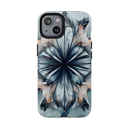 Indigo Mirage iPhone 14 MagSafe case featuring a symmetrical abstract pattern in deep indigo blue with soft neutral accents.