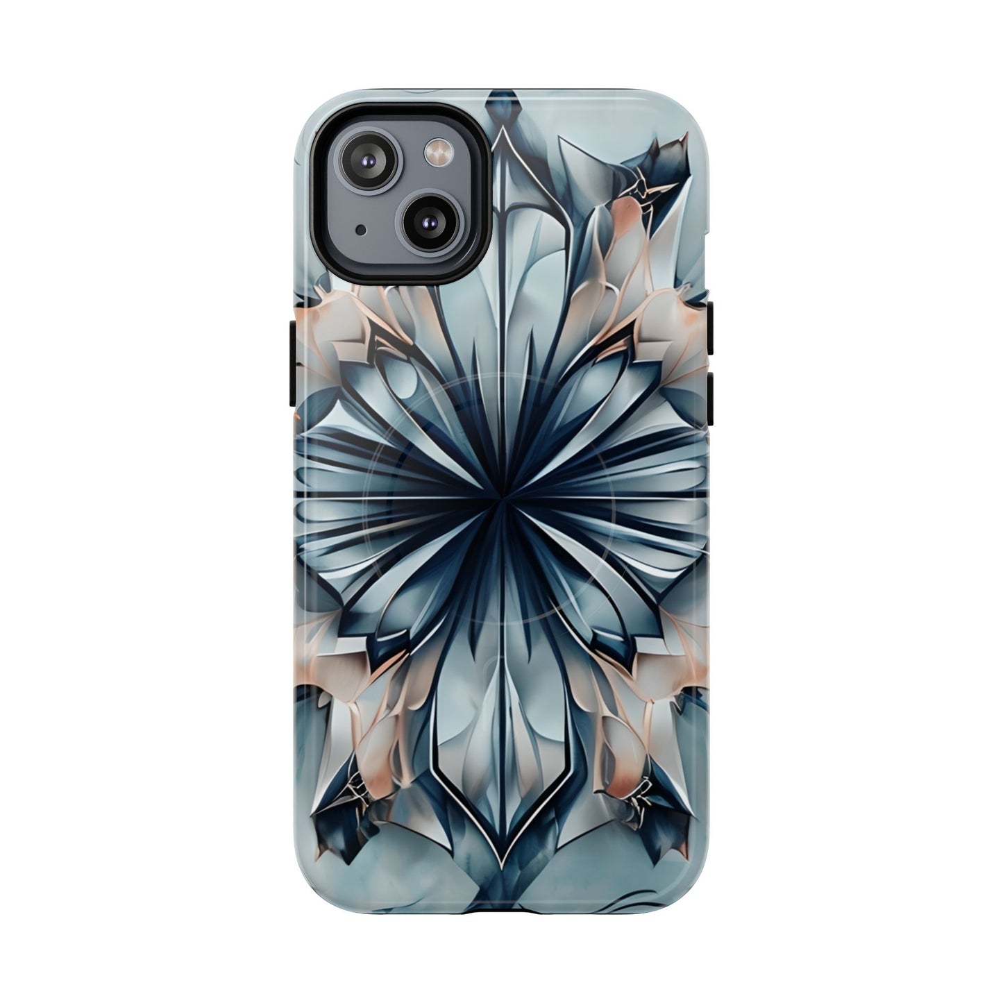 Indigo Mirage iPhone 14 Plus MagSafe case featuring a symmetrical abstract pattern in deep indigo blue with soft neutral accents.