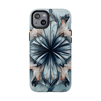 Indigo Mirage iPhone 14 Plus MagSafe case featuring a symmetrical abstract pattern in deep indigo blue with soft neutral accents.