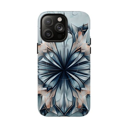 Indigo Mirage iPhone 14 Pro Max MagSafe case featuring a symmetrical abstract pattern in deep indigo blue with soft neutral accents.