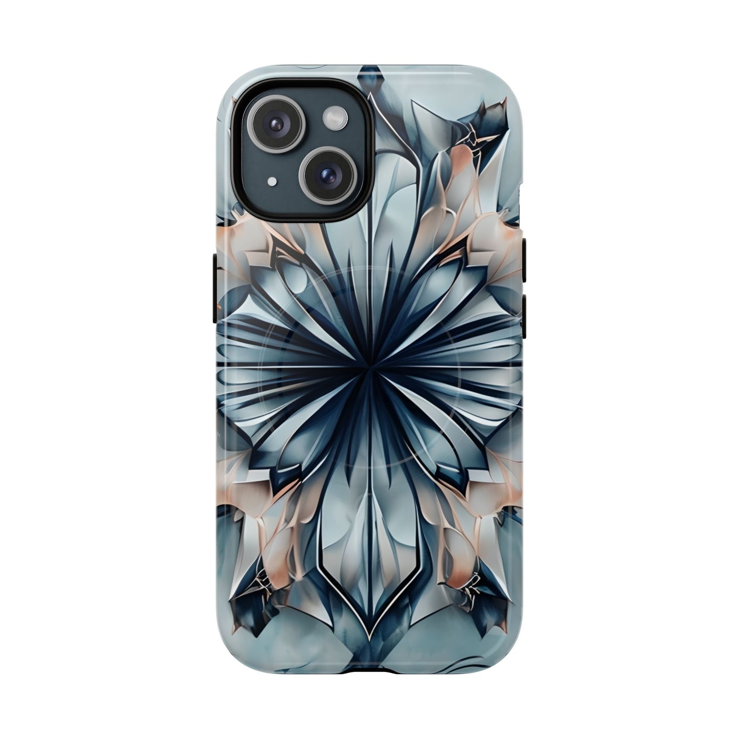 Indigo Mirage iPhone 15 MagSafe case featuring a symmetrical abstract pattern in deep indigo blue with soft neutral accents.