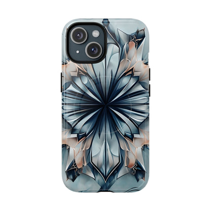 Indigo Mirage iPhone 15 MagSafe case featuring a symmetrical abstract pattern in deep indigo blue with soft neutral accents.