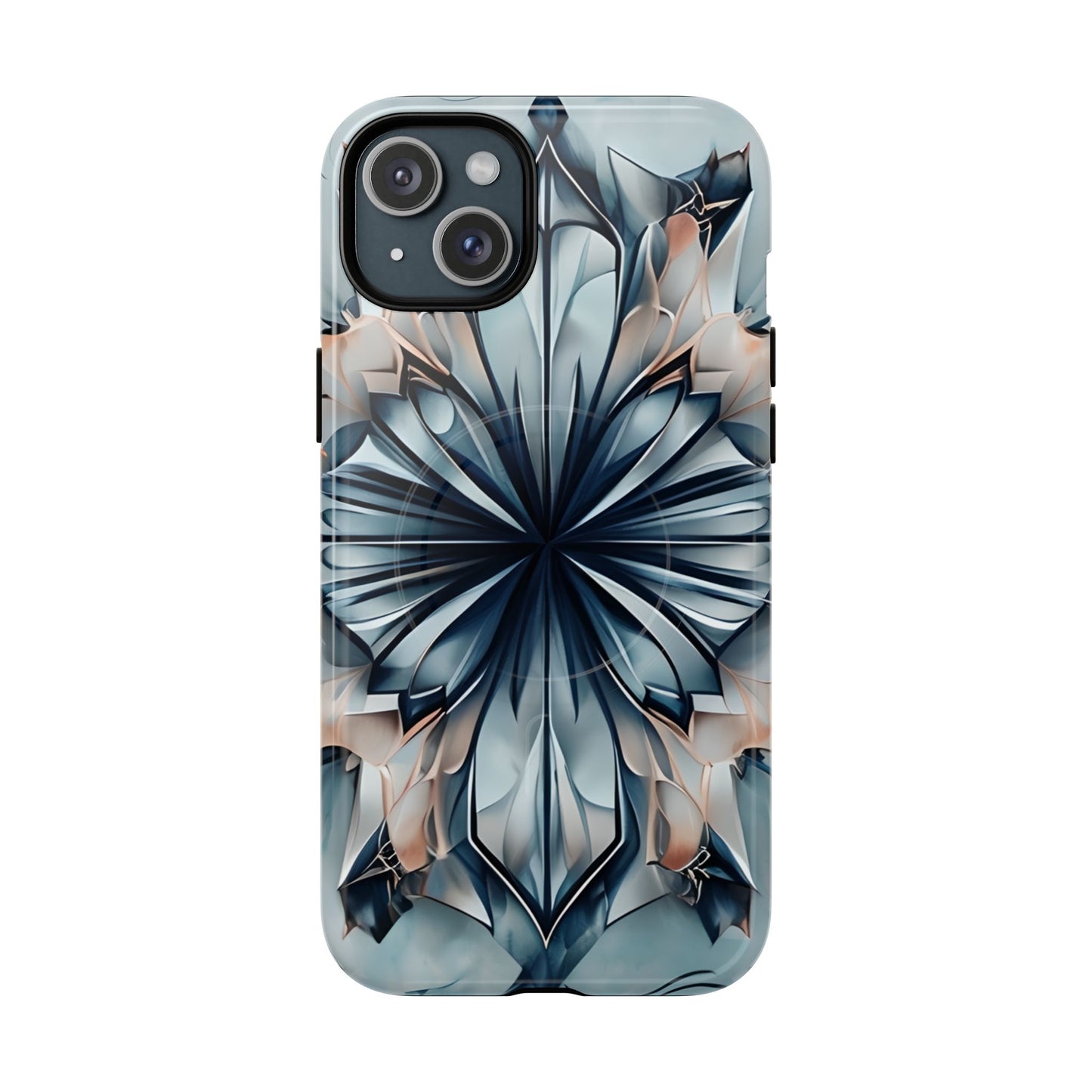 Indigo Mirage iPhone 15 Plus MagSafe case featuring a symmetrical abstract pattern in deep indigo blue with soft neutral accents.