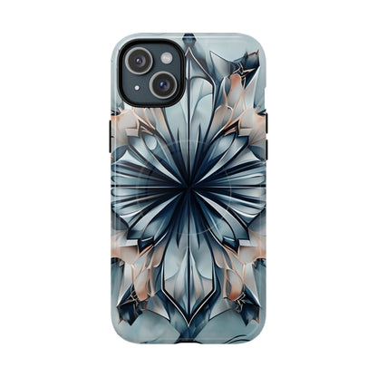 Indigo Mirage iPhone 15 Plus MagSafe case featuring a symmetrical abstract pattern in deep indigo blue with soft neutral accents.