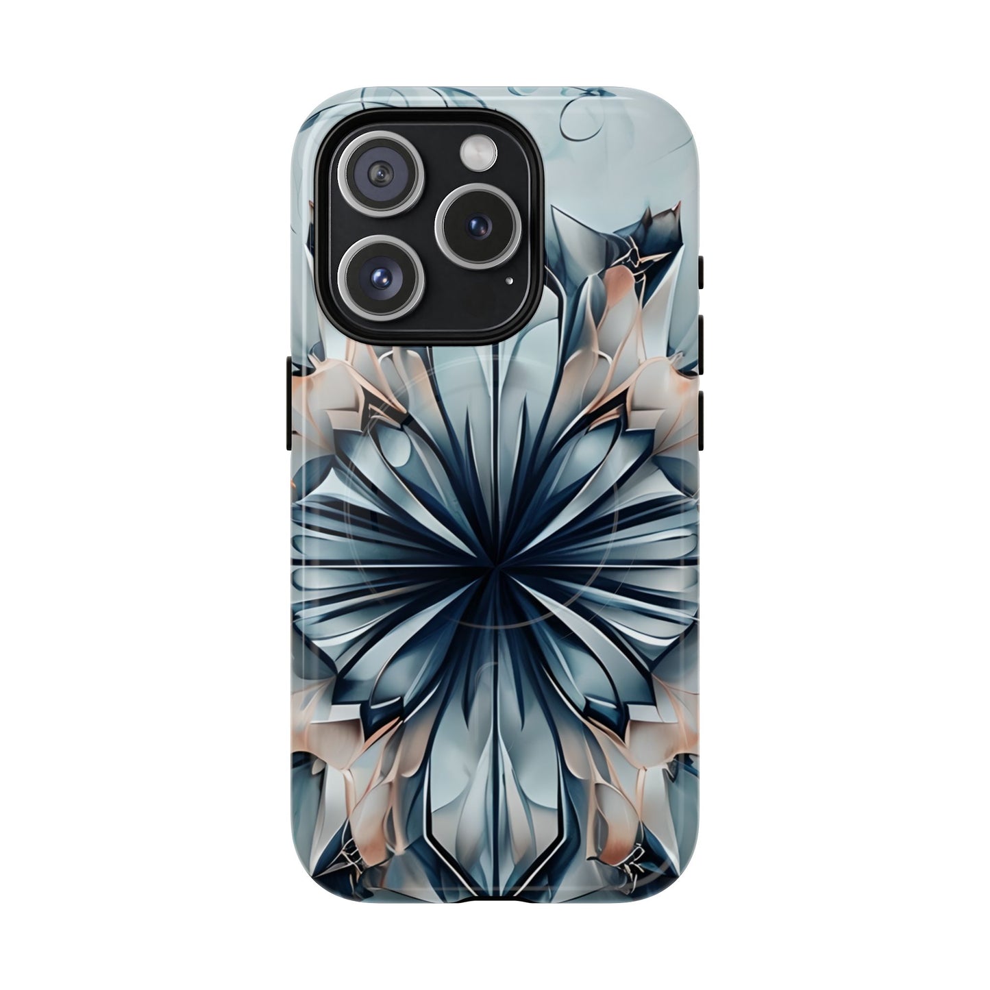 Indigo Mirage iPhone 15 Pro MagSafe case featuring a symmetrical abstract pattern in deep indigo blue with soft neutral accents.