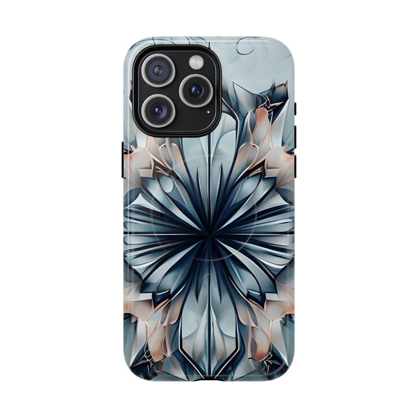Indigo Mirage iPhone 15 Pro Max MagSafe case featuring a symmetrical abstract pattern in deep indigo blue with soft neutral accents.
