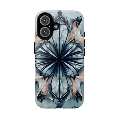 Indigo Mirage iPhone 16 MagSafe case featuring a symmetrical abstract pattern in deep indigo blue with soft neutral accents.