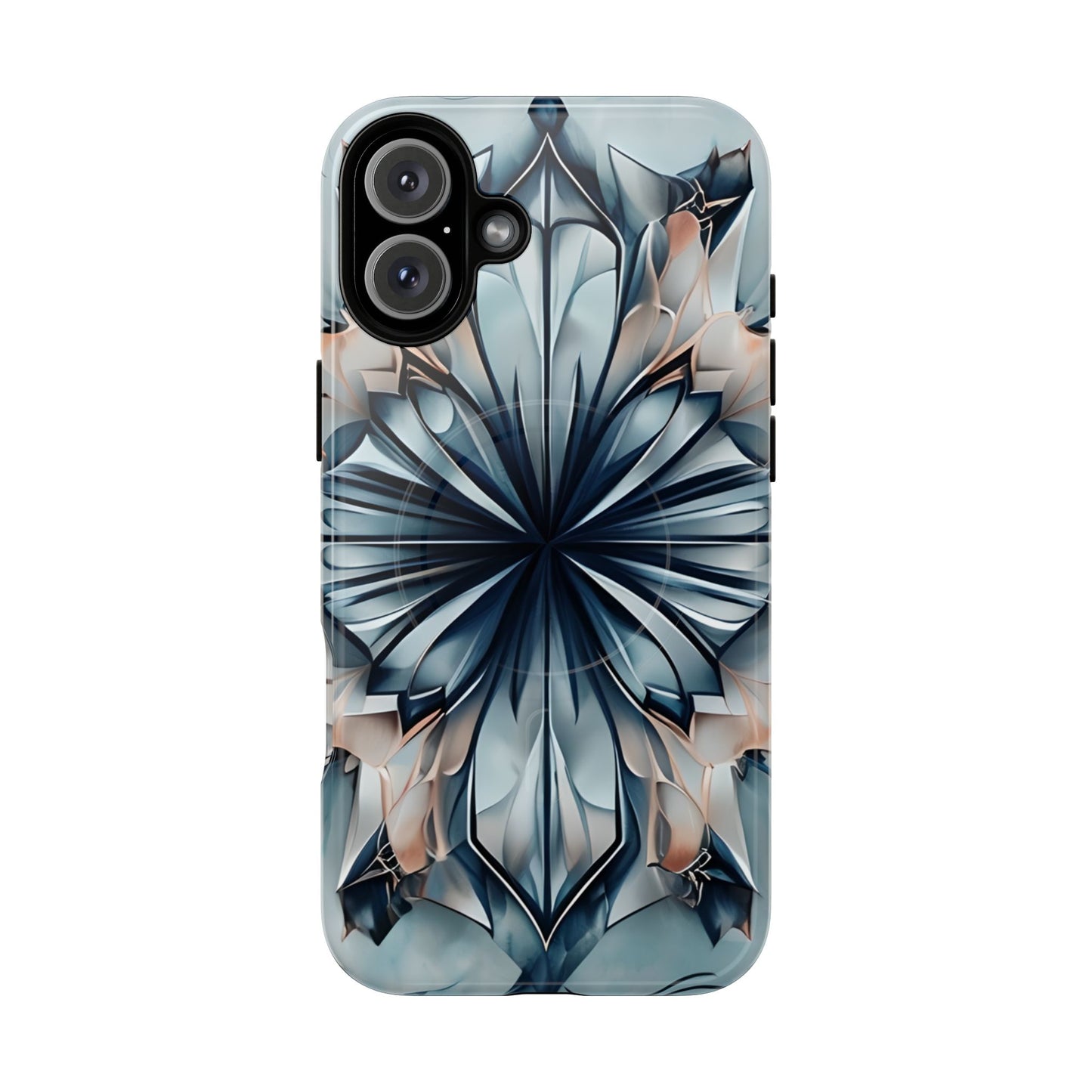 Indigo Mirage iPhone 16 Plus MagSafe case featuring a symmetrical abstract pattern in deep indigo blue with soft neutral accents.