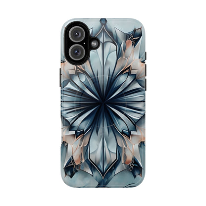 Indigo Mirage iPhone 16 Plus MagSafe case featuring a symmetrical abstract pattern in deep indigo blue with soft neutral accents.